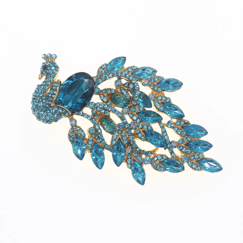 Broches de paon en cristal bleu plaqué or grand strass Animal oiseau broche broche pour femmes épinglette en acrylique