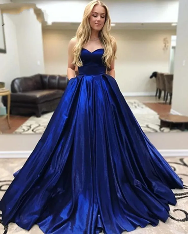 blu royal eleganti abiti da ballo con scollo a cuore abiti da ballo corsetto con lacci sul retro abiti da festa senza maniche in raso abiti da sera lunghi