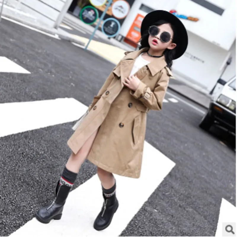 Niñas Cintura Trench Coat 2019 Nueva primavera y otoño de color caqui Cazadora a color Color de doble botonadura Size110-160 Kids4-14 ly210