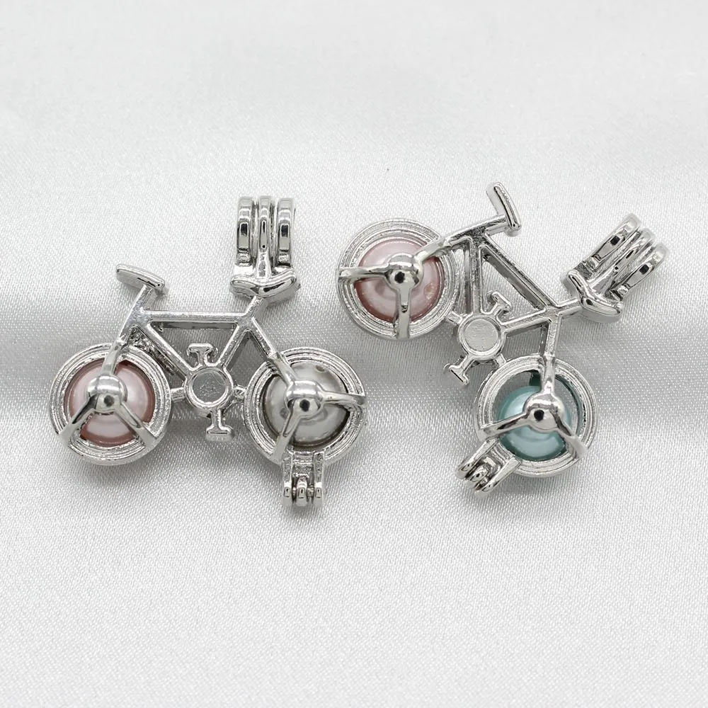 10pcs Silver Cute Bicycle Pearl Cage Lockets Pendant Scented Essential Oil Diffuser Necklace Jewelry Making for Oyster Pearl