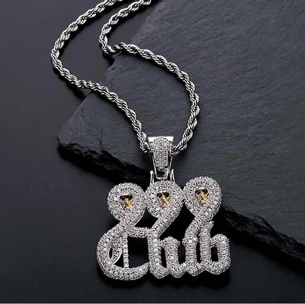 White Gold Skull 999 Club Pendant Necklace with 60cm Rope Chain Necklace HIGH QUALITY Cubic Zirconia hip hop jewelry.