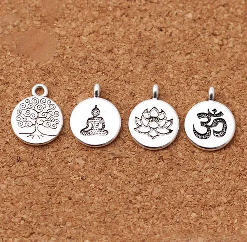 100 sztuk / partia Tybetański Silver Round Tag Lotus / Life Tree / Buddha Charms 15mm Metal Wisiorki Biżuteria Dokonywanie Akcesoria