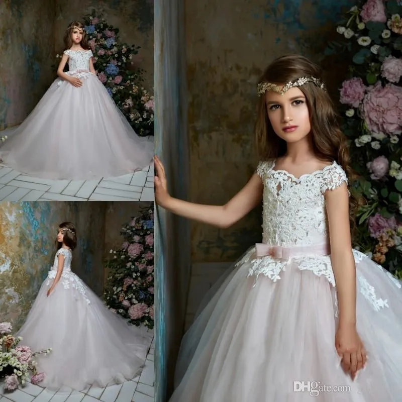 Bloem meisje jurken baljurk tule vloer lengte boog portret mouwloze communie pageant prom feestjurken
