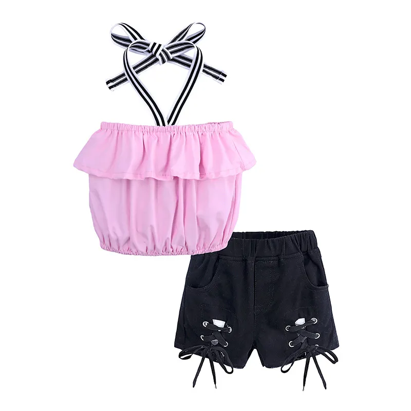 Hot Europa Verão Bebés Meninas Set Crianças Halter Top Curto + escavar Jeans Shorts menina 2pcs Clothes Set Crianças Conjuntos Vestuário Ternos W325