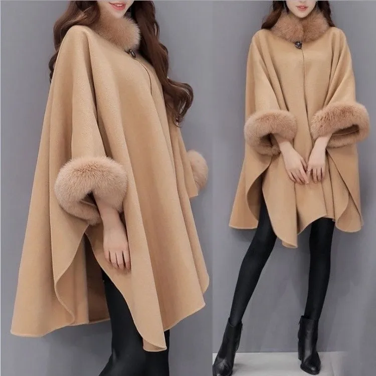 Women Capes Cloak Fur Neck Design Womens Winter Clothing Outerwear Tops Loose Fashion Coats Capes Ladies Wool Blends Coats