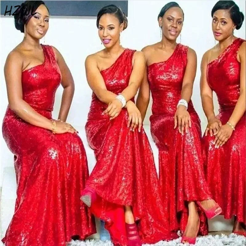 African Red Sequins Mermaid Bridesmaid Dresses One Shoulder Plus Storlek Bröllop Gästklänning Dubai Kvinnor Formell Wear Prom Dress