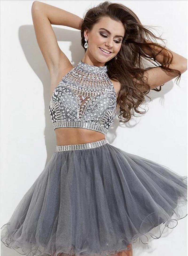 Sliver Cristais 2019 Novos Duas Peças Cocktail Vestidos De Provocação Rachel Allan Neck High Frisado Oco Cinza Tulle A-Linha Curto Homecoming Vestido 1163