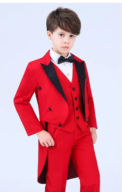 Popular Red Tailcoat Meninos Ocasião FormalSnuxes Preto Pico Lapela Casamento Crianças Smoking Terno Roupa de Férias (Jaqueta + Calça + Gravata + Colete) 106