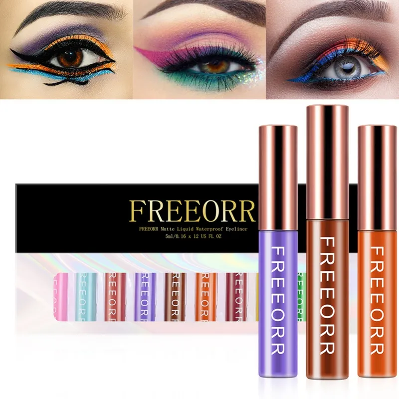 12 adet Mat Sıvı Eyeliner 12 Renkler Uzun Ömürlü Su Geçirmez Yüksek Pigmentli Renkli Göz Kalemi Damga Kalem Seti