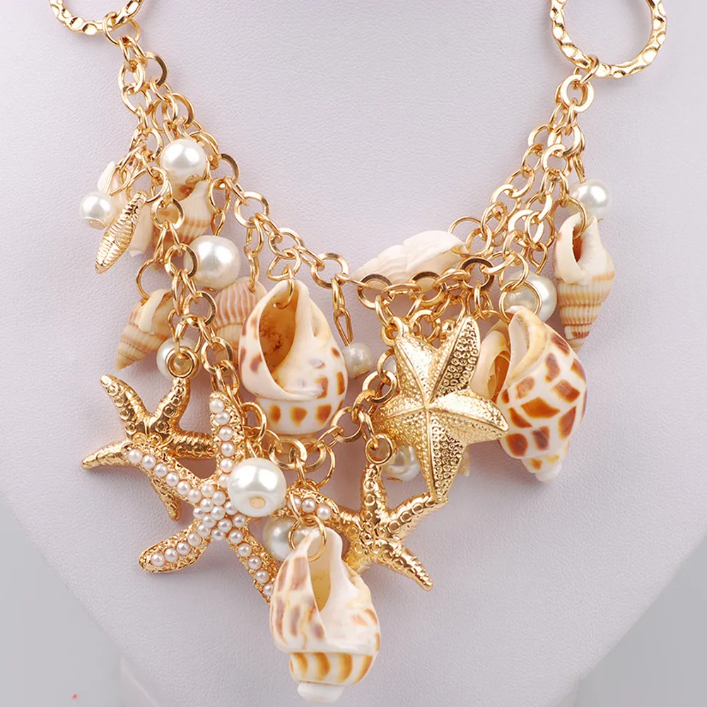 ANGLEQUEEN Gold Shell Charm Necklace - Layered Seashell Starfish Boho Beach Necklace For Women