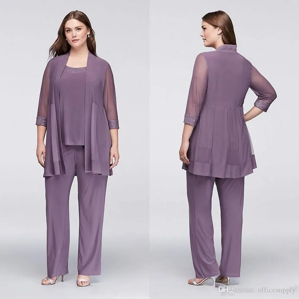 Plus Size Goedkope Paarse Drie Stukken Moeder van De Bruid Broek Past met Jassen Pailletten Huwelijksgast Jurken Chiffon Moeders Bruidegom Jurken