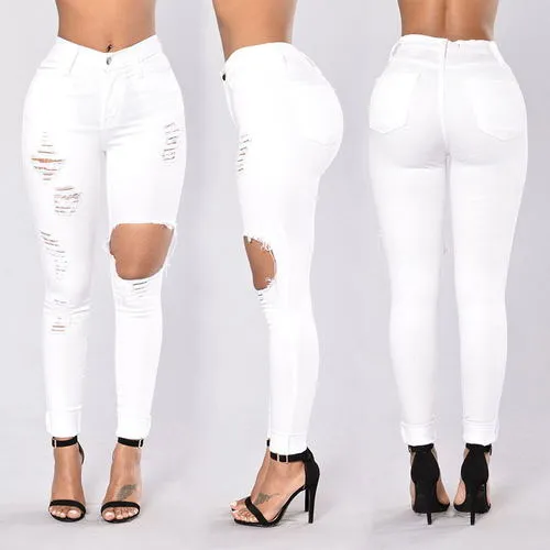 Skinny White Jeans Woman High Waist Womens Denim Ladies Elasitc Pencil Jean  Autumn Long Pants Trousers Ripped