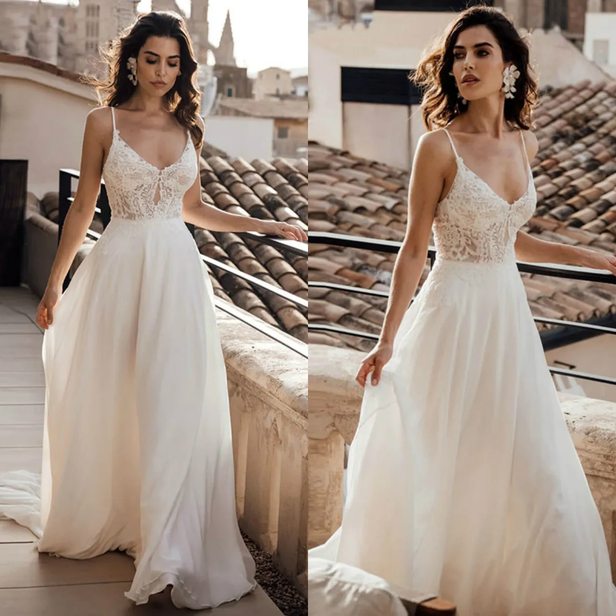 2020 dentelle bretelles Spaghetti robe de mariée Simple col en V taille Empire robe de mariée longueur de plancher Casamento mousseline de soie Abito Da Sposa