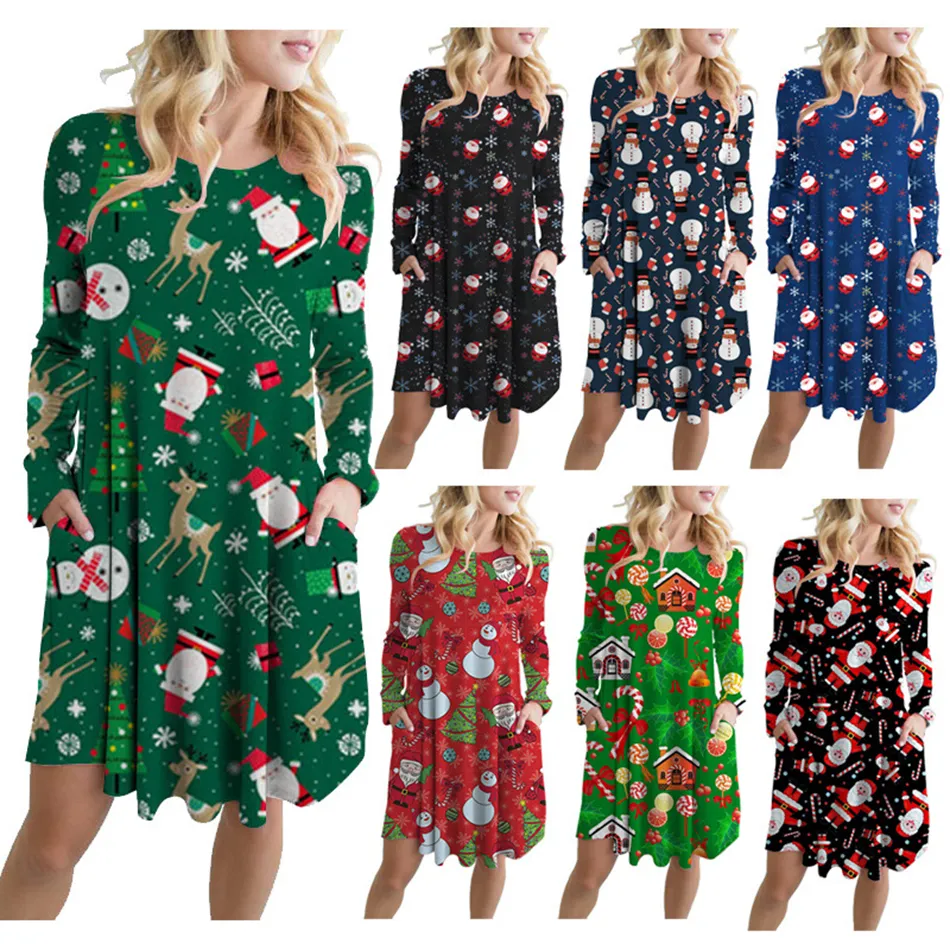 Santa Claus And Snowman Printed Christmas Christmas Jumper Dress