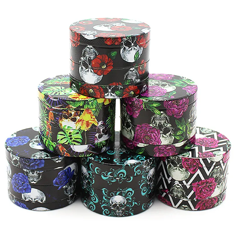 Full Colorful Print Pattern Smoking Grinders Black 4 Layers Dia 50mm Sharp Teeth Metal Tobacco Grinder Spice Pepper Crusher Cigarettes Tools