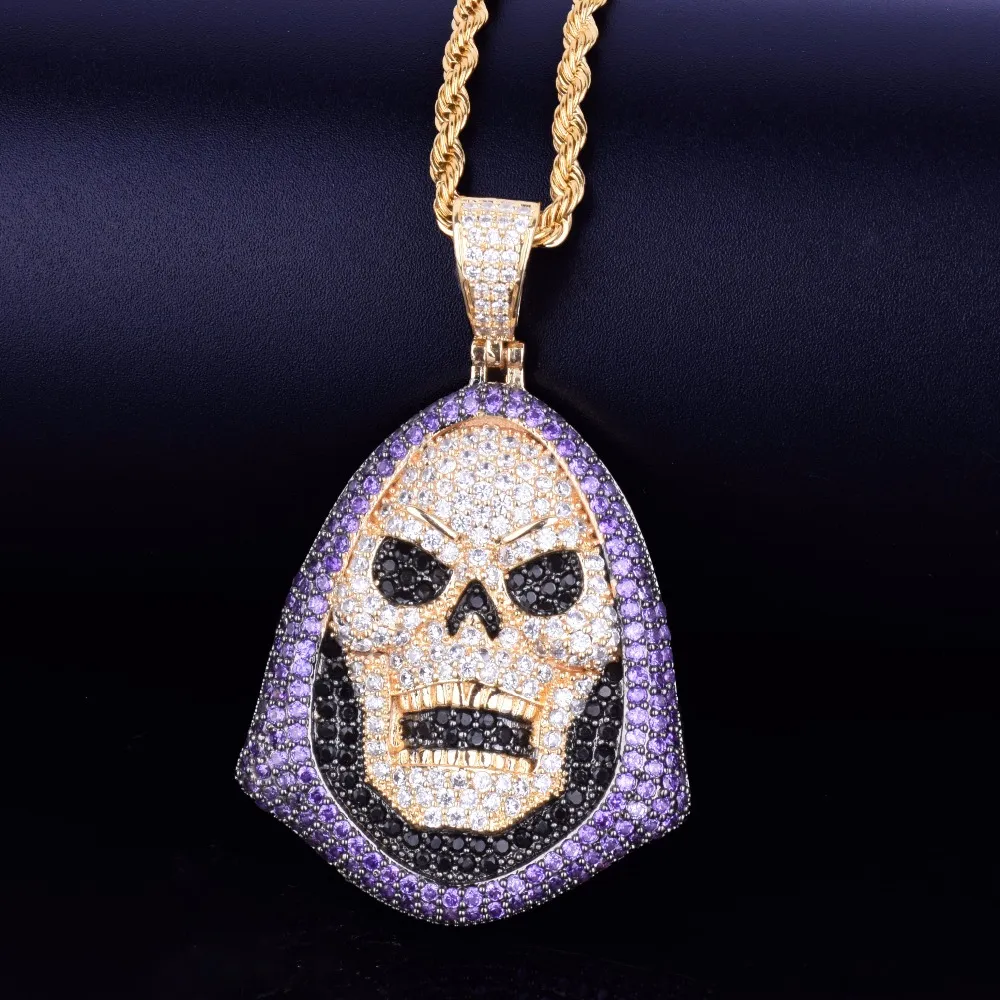 Felpa con cappuccio Teschio Collana con pendente in pietra viola Catena di personalità Oro argento Ghiacciato Cubic Zirconia Gioielli rock hip-hop