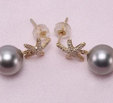 Elegant lovely starfish natural Tahiti Pearl Earring 14K Gold 10mm Black Tahitian Cultured Pearl Drop DSGSer Freshwater Pearl Studs Earrings