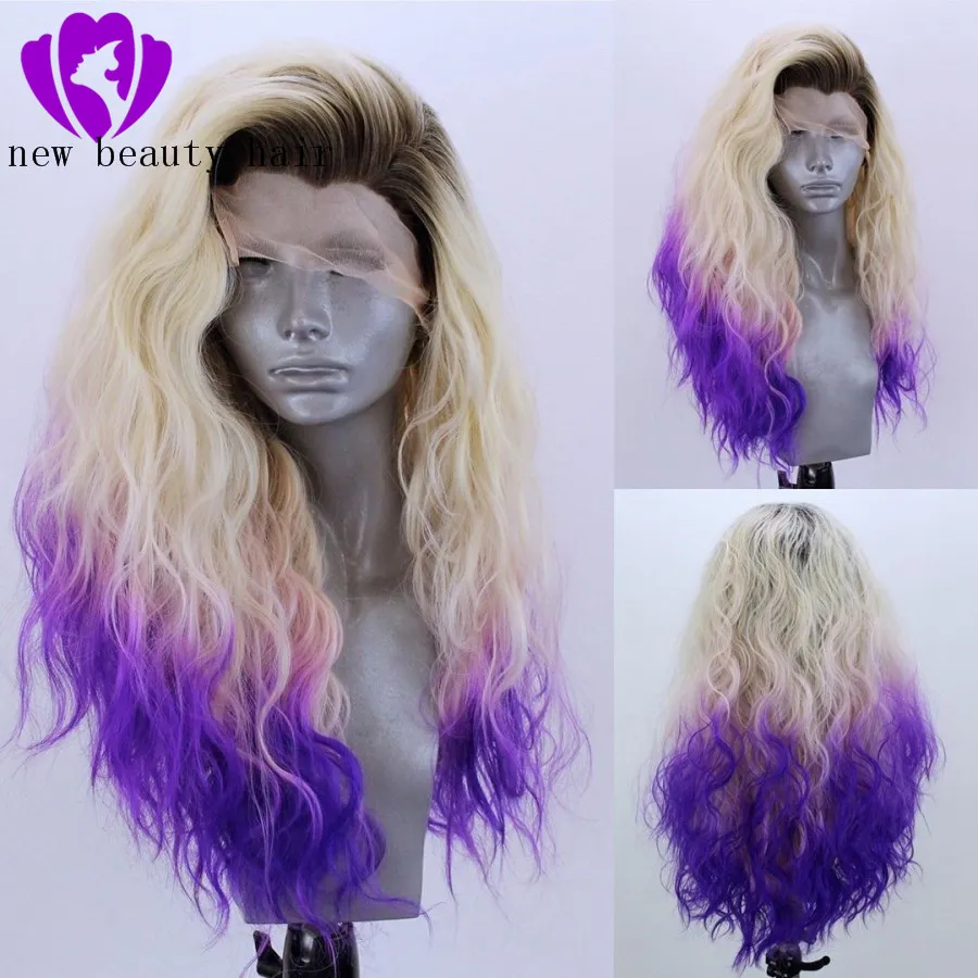 Fri del hög temperatur fiber blond ombre lila peruk peruca cabelo 360 frontal lång vatten våg full hår peruker syntetisk spets fram peruk