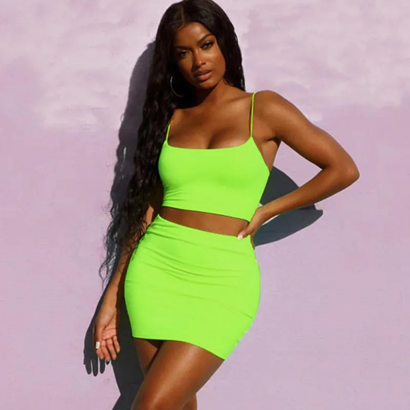 Streetwear neon groene tweedelige set voor dames zomer bijpassende kleding crop top en bikershort rok 2 outfits