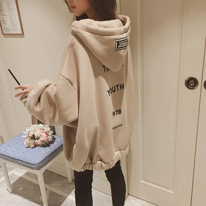 Winter New Korean Hip Hop Loose Oversized Hoodies Women Casual Hooded Sweatshirt Bubble Sleeve Zipper Coat Tops Streetwear