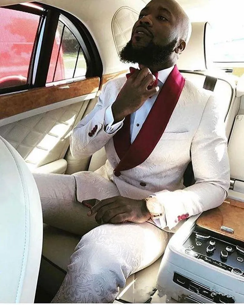 Nya anpassade Slim Fit Men Suits Wedding Groom Tuxedos med Bourgogne Lapel 2 Pieces (Jacket+Pants) Groomsman Suits Best Man Blazer 454