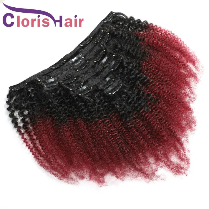 Dark Roots Bourgogne Peruansk Virgin Clip In/On Extensions Afro Kinky Curly Human Hair 8pcs 120g/Set Colored 1B/99J Obre Weave Clip Ins