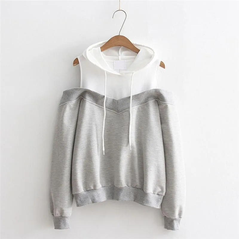 Hoodies Sweatshirts For Women Young Girls Sexy Off Shoulder Double Color Hoodie Patchwork Hooded TopS Coat Outwear