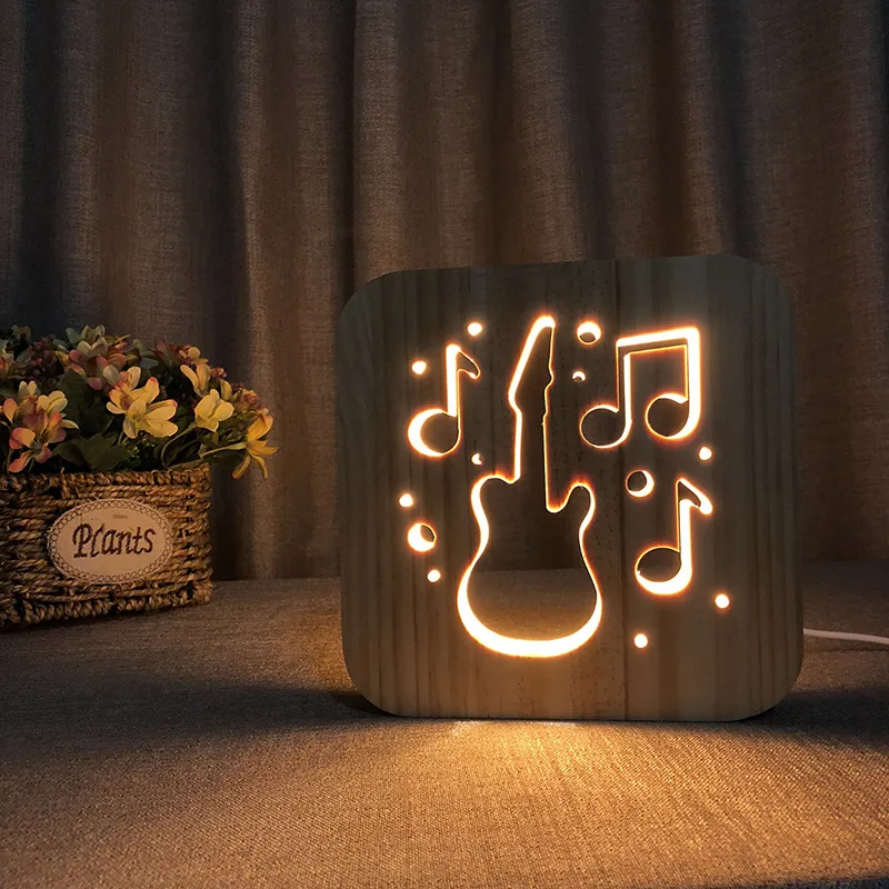 Lampada per chitarra in legno 3D Luce notturna a LED scavata Lampada da scrivania bianca calda Alimentatore USB come regalo di un amico