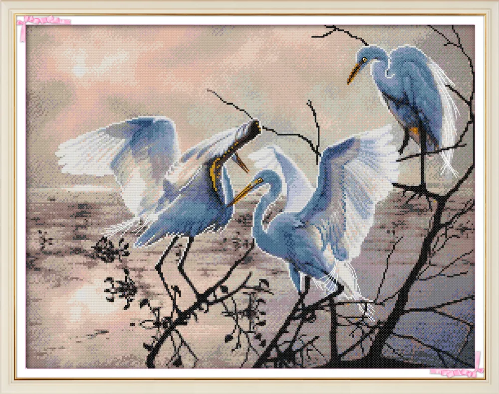 Três Egrets Home Room Decor Kit DIY, Handmade Cross Stitch Craft Ferramentas Bordado Bordado Conjuntos Contados Impressão Em Lona DMC 14CT / 11CT