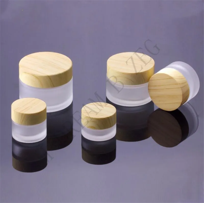 5/10/15/30/50g Empty Eye Cream Glass Bottle Frost Glass Cream Jar with Wooden Lids Cap Frosted Bottle Cosmetic Container