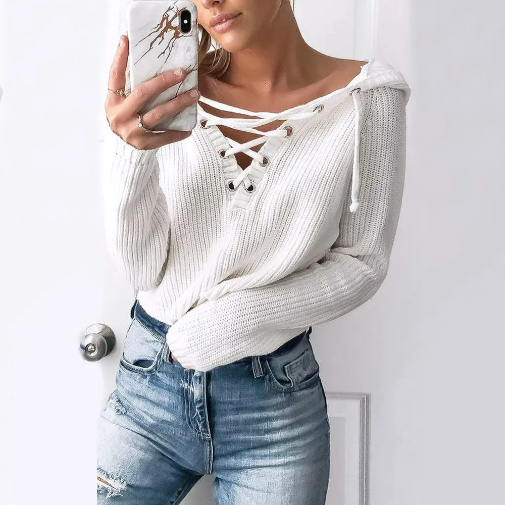 Chunky Knit Oversized Hooded Sweater Baggy Lace Up Cardigan with V Neck for Women 2024