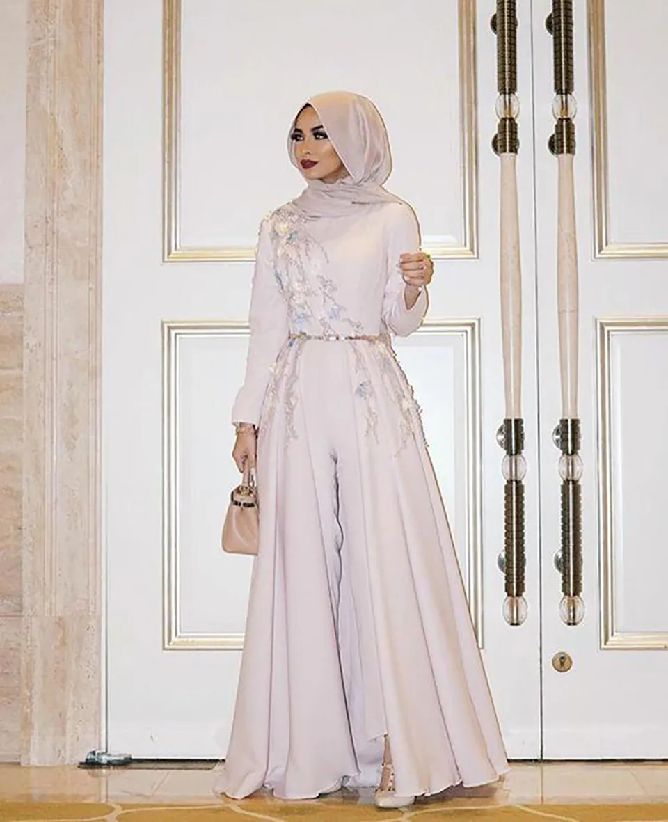 Elfenben lång ärm muslim kväll klänning broderi robe soiree islamic dubai hijab kväll klänningar pantsuit formell prom klänning