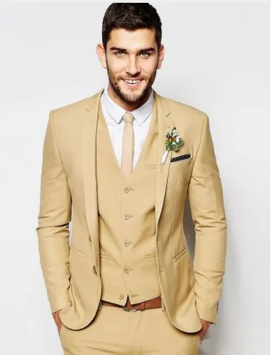 Tuxedos de marié beige à deux boutons à la mode Slim Fits Mens Party Coat Blazer Wiastcoat Pantalon Business Suit (Veste + Pantalon + Gilet + Cravate) NO: 072