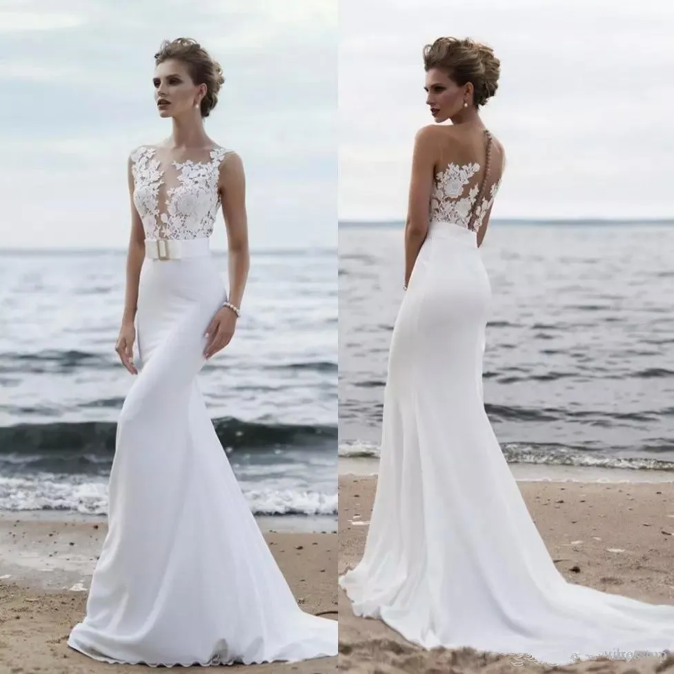 Robes de mariée sirène en dentelle bohème appliquées pure bateau cou plage trompette robes de mariée, plus la taille en mousseline de soie robe de novia 3899