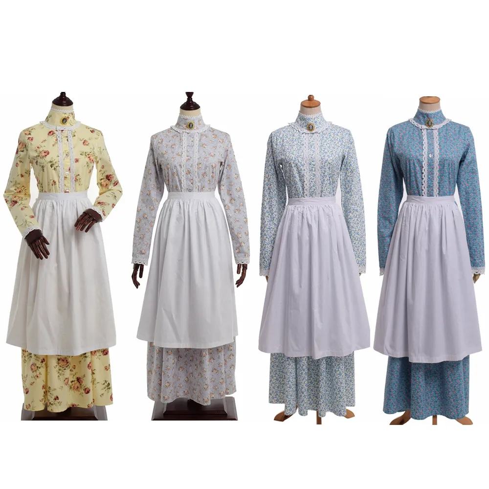 Costume da Mardi Gras per donna, stile vintage francese, abito floreale, coloniale, XVIII secolo, storico, blu, a maniche lunghe, con grembiule e cofano.