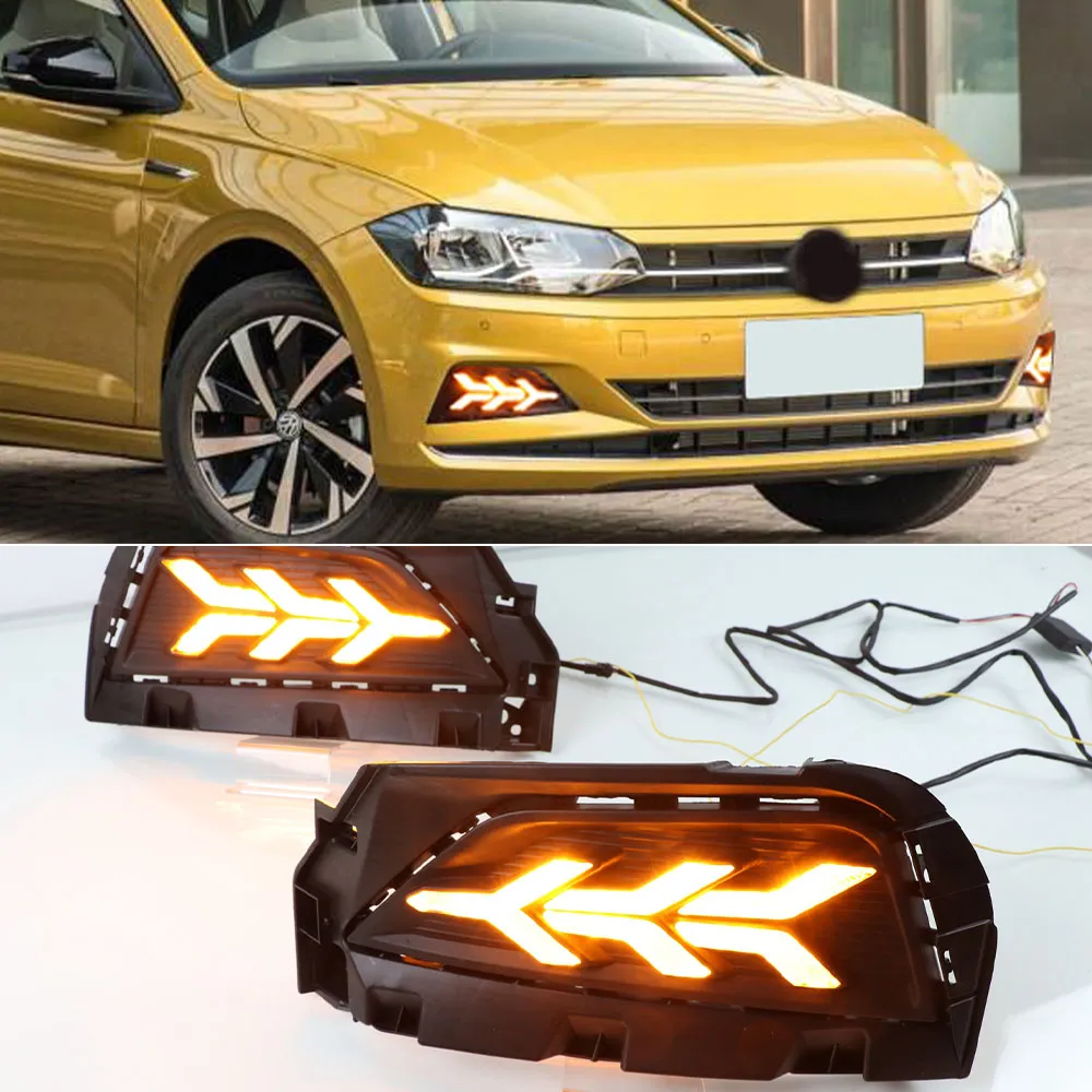 1 Set auto DRL LED Luce corrente di giorno della lampada della nebbia sequenziale Giallo Girare Segnale Funzione Per Volkswagen Polo 2019 2020