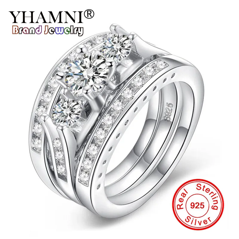 Yhamni Elegant Bröllopsförlovning Ringar Set 3 st 100% 925 Sterling Silver Ring Tillbehör CZ Zircon Smycken LRA0137