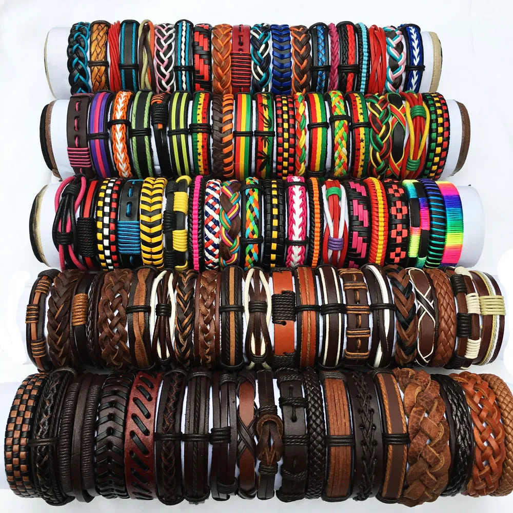 Bracelets en cuir de manchette entiers 100 pièces faits à la main en cuir véritable bracelet de mode bracelets pour hommes femmes bijoux mélanger les couleurs marque n259u