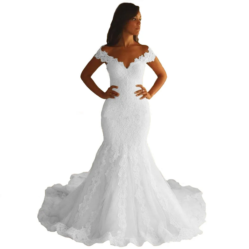 Setwell Sweetheart Mermaid Wedding Dress Off the Shoulder Sexig bakre golvlängd Lace Pärled Bridal Gown2891