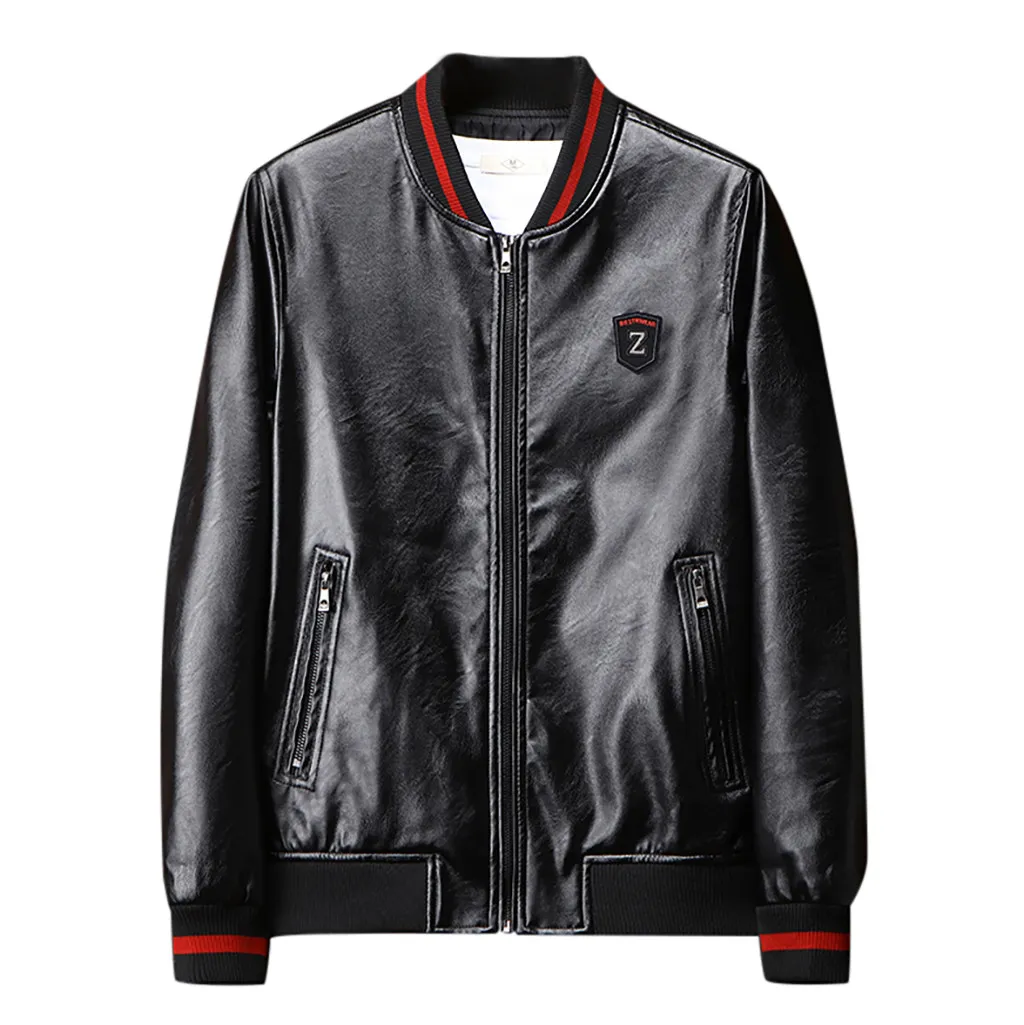 JAYCOSIN Men Jacket Embroidered Leather Pu Coats Slim Fit College Fleece Luxury Pilot Jackets Men's Stand Collar Top Jacket Coat