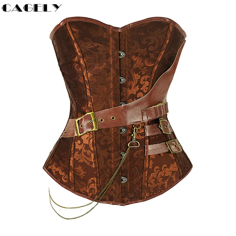 Steampunk Corset With Chain Buckles Retro Cosplay Fancy Party Outfits Pirate Girl Dress Coffee Black Lacing-up Basque Top S-6xl Y19070201