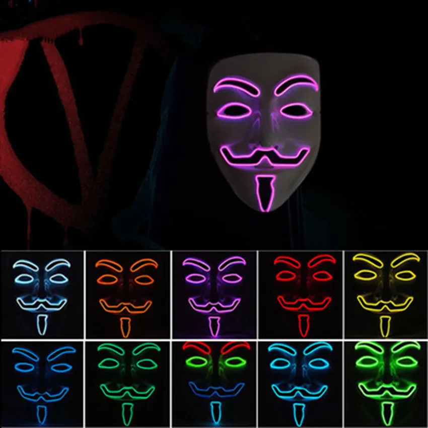 10 couleurs V pour Vendetta Masques LED masque lumineux Halloween masque fête mascarade danse masques décorés ZZA1092