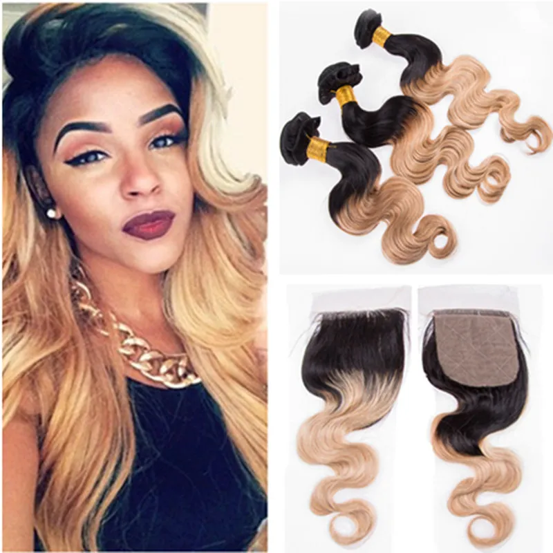 Body Wave # 1B / 27 Brun clair Ombre Cheveux Brésiliens 3Bundles avec 4x4 Base de Soie Fermeture en Dentelle Noir et Miel Blonde Ombre Weaves