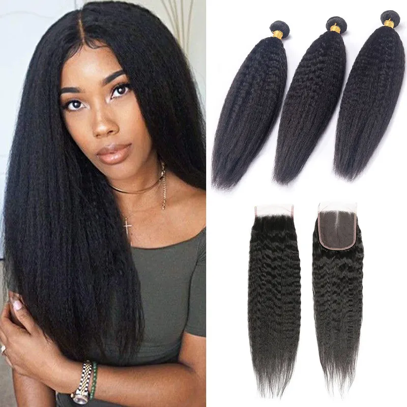 Brazilian Human Hair 3 Bundles With 4X4 Lace Closure Kinky Straight Hair Products 10-28inch Hair Wefts With Closure Natural Color