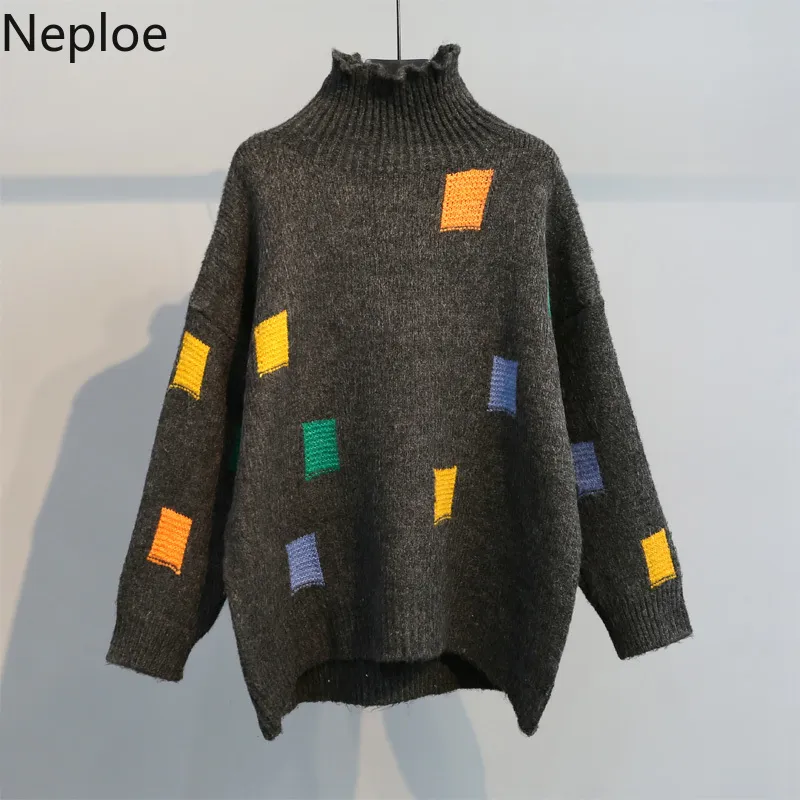 Neploe Turtleneck Sweter Sweter Kobiety Jesień Zimowy Zwykły Pull Sumpers 2019 Nowy Kontrastowy Kolor Zagęścić Dzianiny Topy 56236