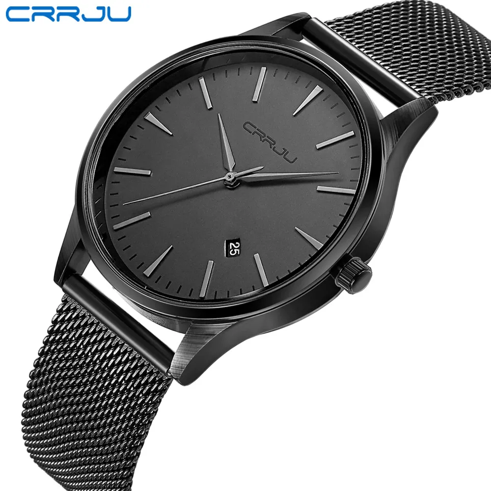 Crrju czarny zegarek zegarek zegarek najlepsze marka luksusowa słynna zegar na rękę męski zegar czarny kwarcowy kalendarz Relogio Masculino275a