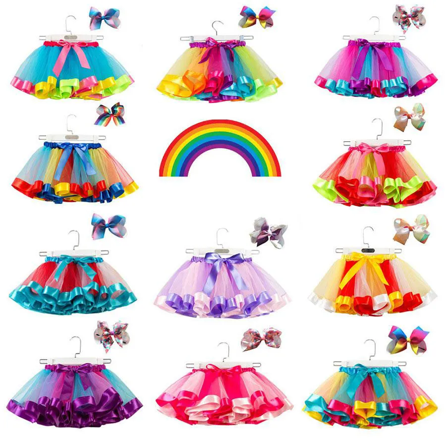 15 colori Baby Girls Tutu Dress Candy Rainbow Color Mesh Gonne per bambini + fermagli per arco 2 pezzi / set vacanze per bambini Abiti da ballo Tutu