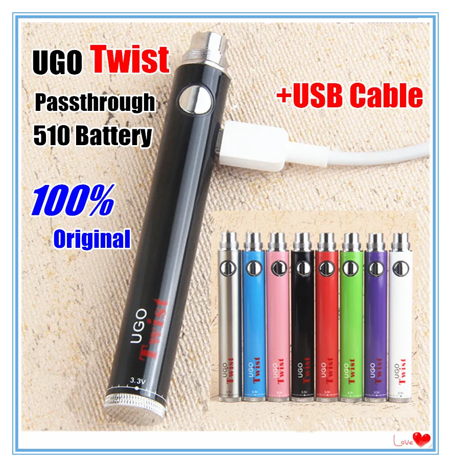 MOQ 5Pcs Authentic ecig ugo evod twist vaporizzatore 510 thread vape batteria ego Tensione variabile 3.3 ~ 4.8V Vision USB Pass through Batterie