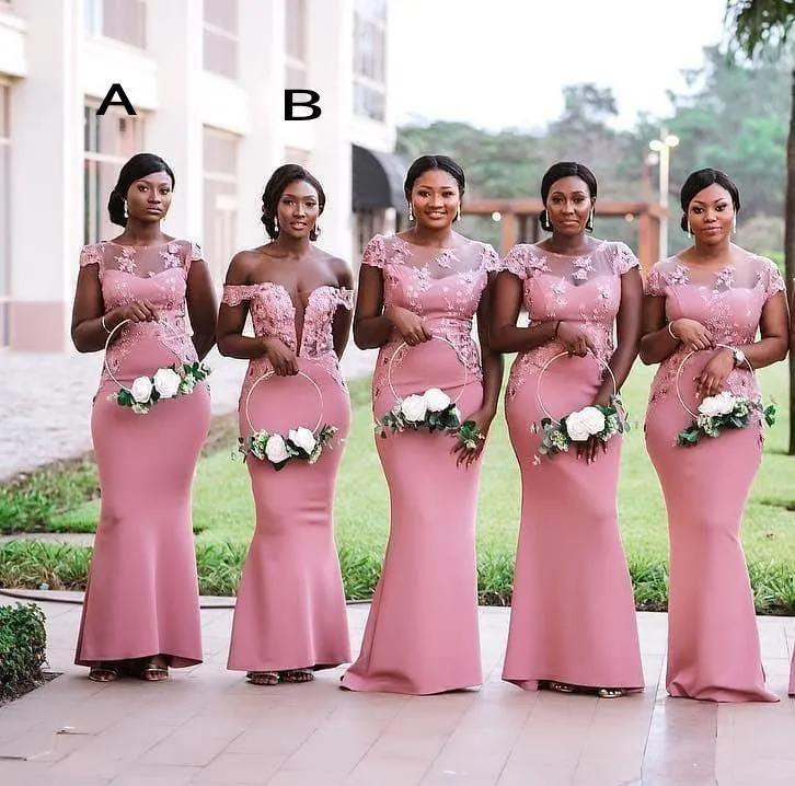 2021 Sydafrikanska Nigeria Pink Long Mermaid Bridesmaids Klänningar Plus Storlek Sheer Neck Lace Appliques Golvlängd Bröllop Gästklänning