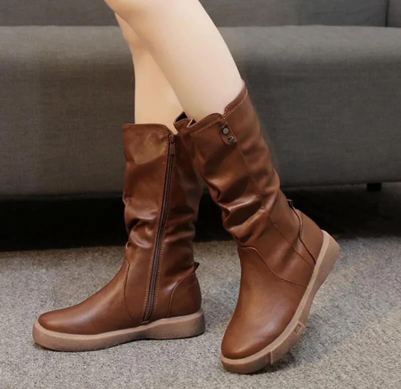 Hot Sale-High quality Warm mid-leg boot women's boots British fashion boots round toe mid-heel flat side zipper luxe Martin boots V61